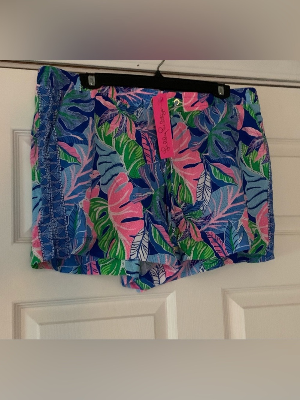 NWT Lilly Pulitzer Blue Multi Tropical-Print Shorts Katia XL